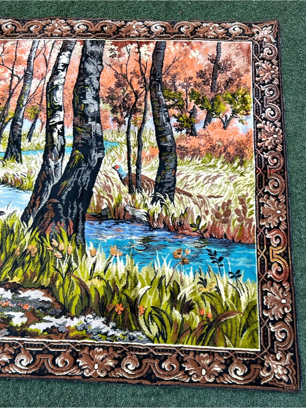 Autumn Pheasant Landscape Wall Tapestry in Rust and Blue